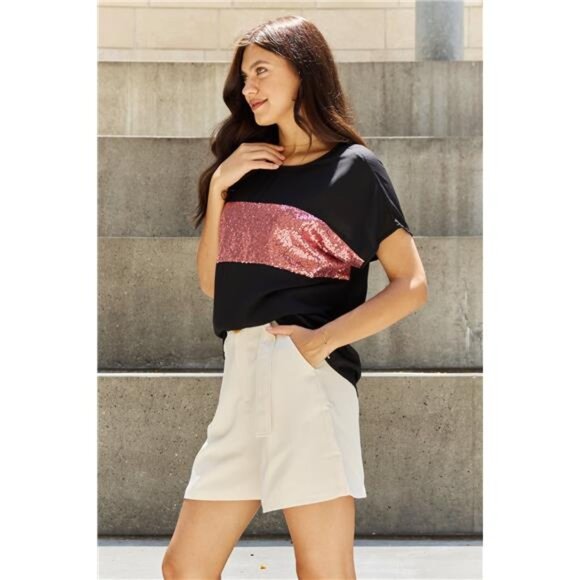 Sew In Love Shine Bright Full Size Center Mesh Sequin Top in Black/Mauve - Picture 8 of 12